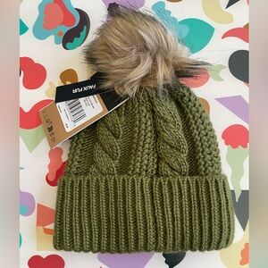 The North Face Olive Knit Beanie with Faux Fur Pom